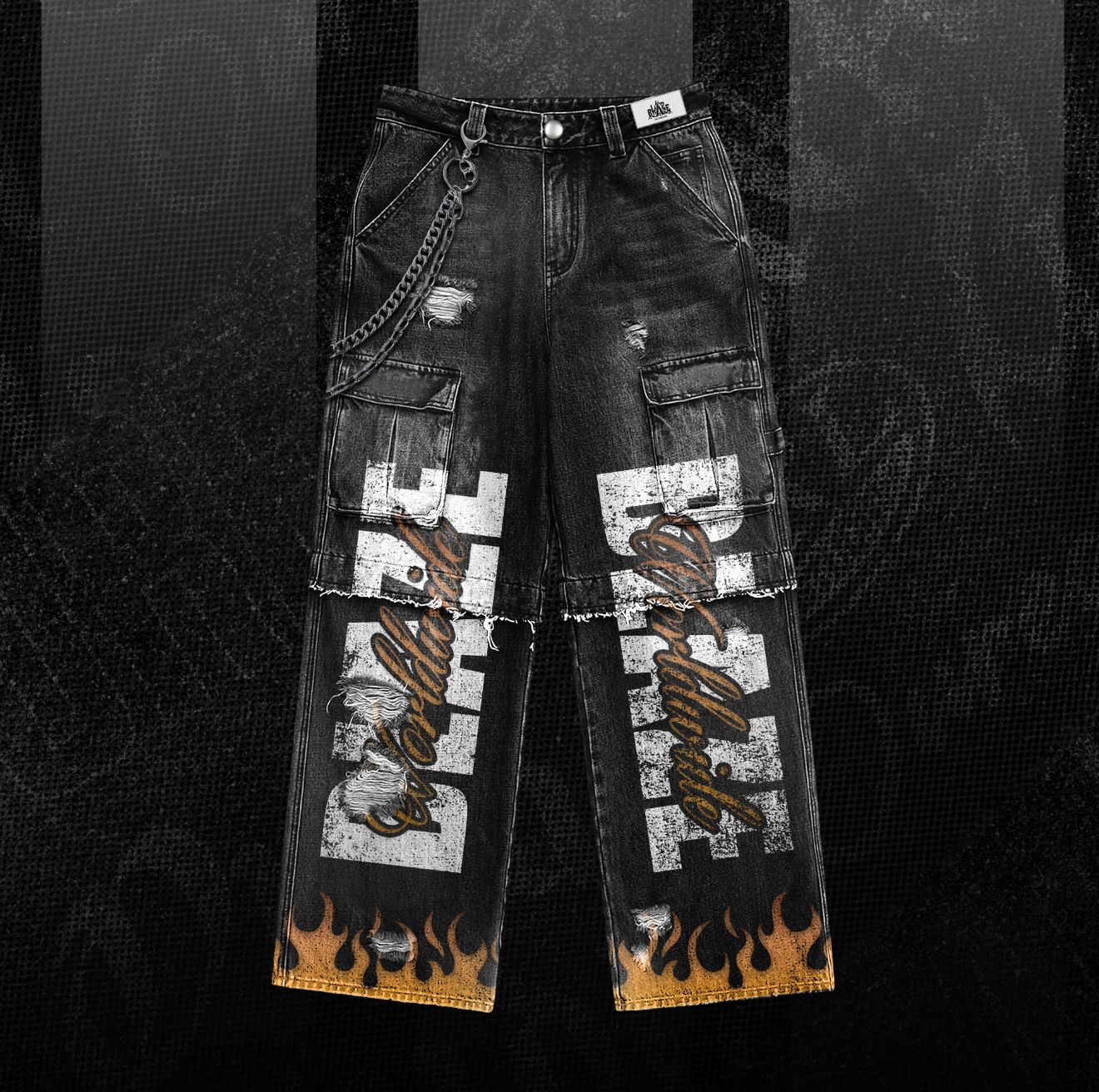 Blaze Flame Cargo Denim – Distressed Streetwear
