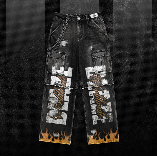Blaze Flame Cargo Denim – Distressed Streetwear