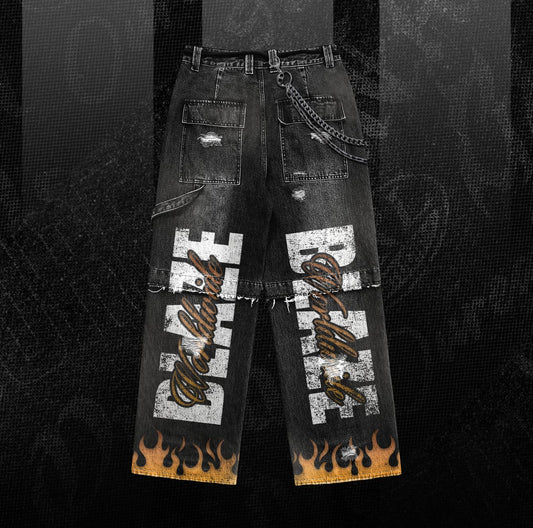 Blaze Flame Cargo Denim – Distressed Streetwear